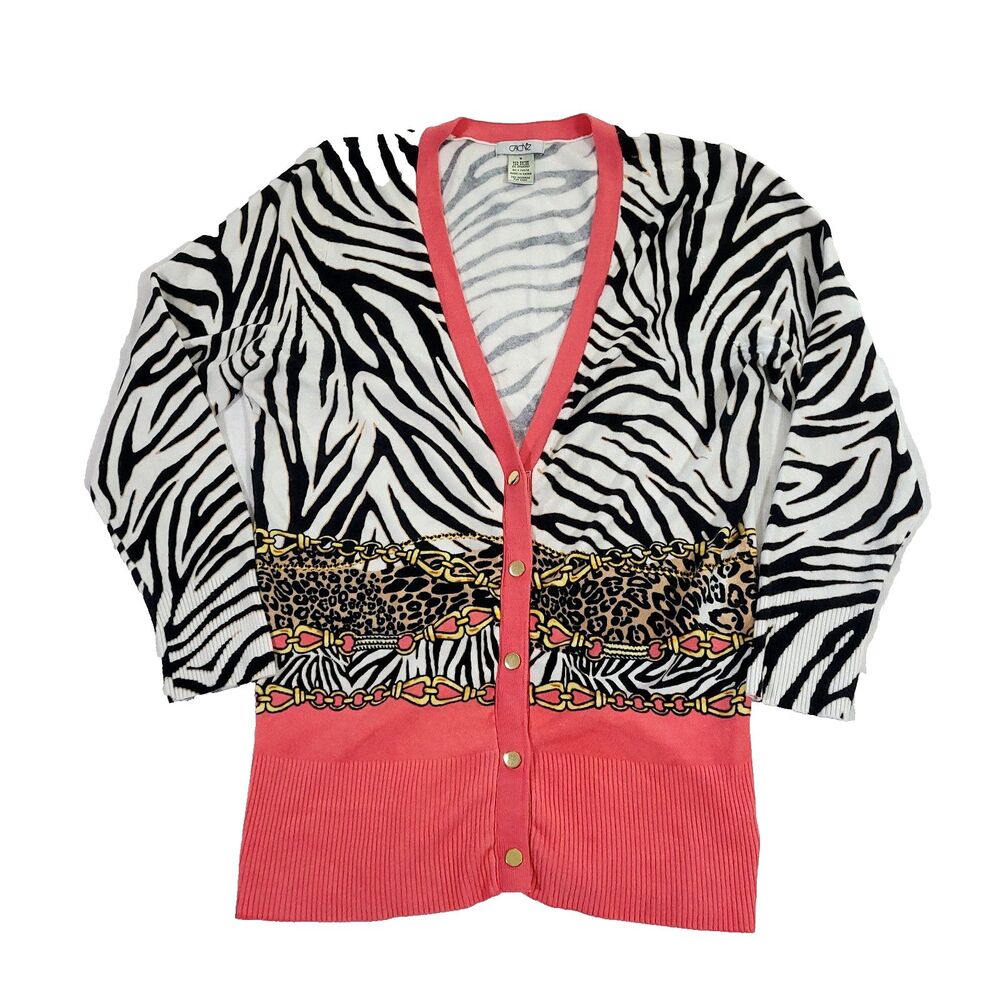 Cache Y2K Animal Print Equestrian Knit Cardigan M Pink Mob Wife Barbie core